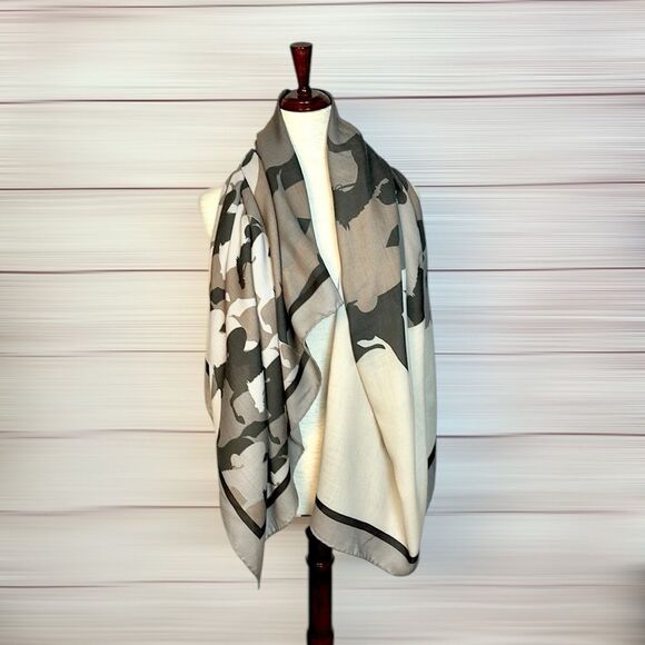 RANI ARABELLA Horse Racing Scarf Shawl Beige Taupe Cashmere Silk Wool ITALY 51” - Picture 3 of 15